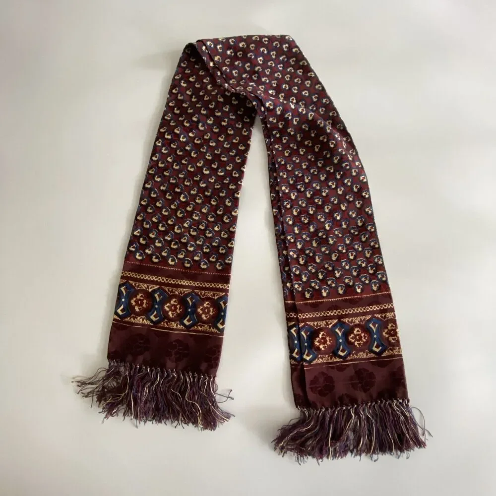 Men's Burgundy Fashion Scarf Fringe Blue Cream Geometric Pattern Dress Scarf